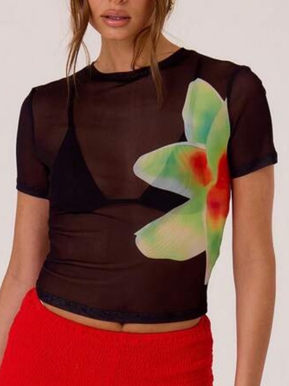 SHEIN Black Sheer Short-Sleeve Swim Coverup Top with Green-Red Floral